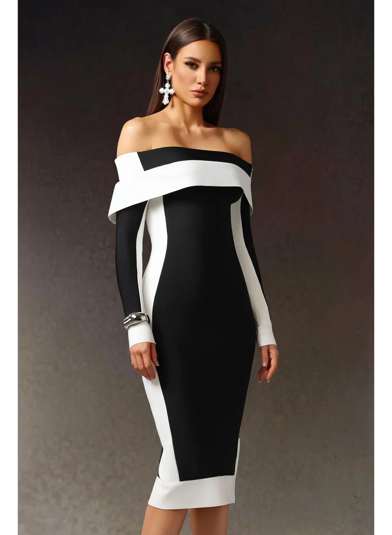 Bella Barnett Mattey Off-The-Shoulder Long Sleeves Stripes Bandage Midi Dress